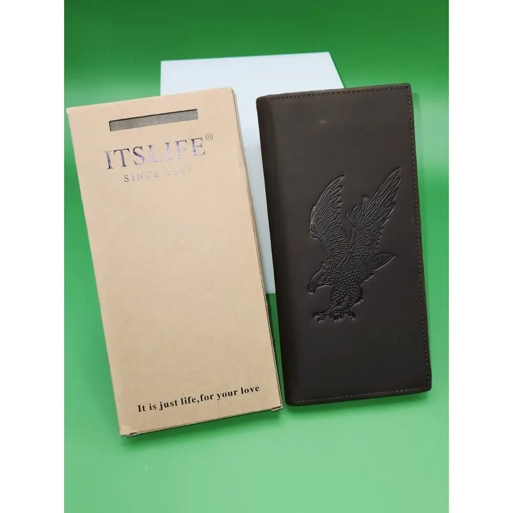 Vintage Brown Leather Long Wallet with Eagle Embossed Design RFID Bifold